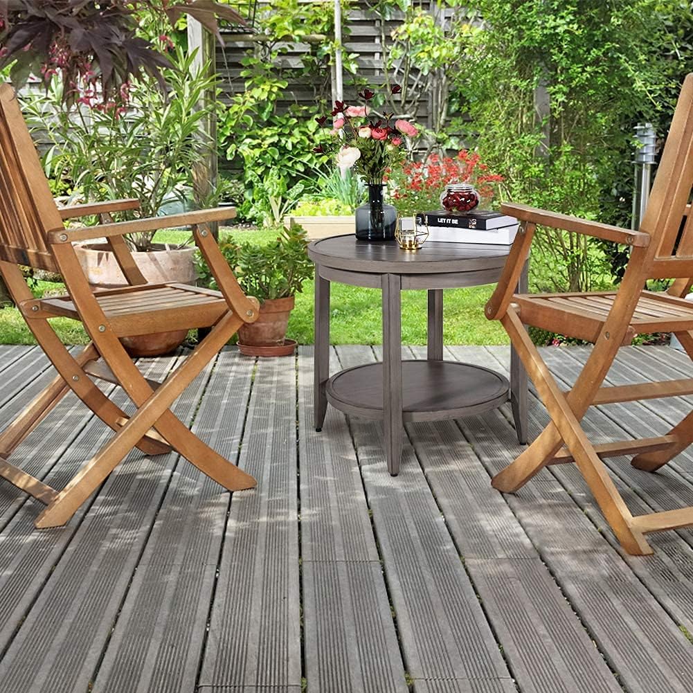 Love & Peace 24” Outdoor Patio Side Table Aluminum Round Coffee Tea Bistro Table Side End Outdoor Furniture Table/W Slat Shelf, Slat Top, Diameter 24”, Tan : Patio, Lawn & Garden