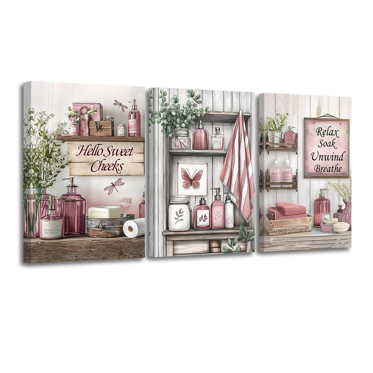 CXHOSTENT 3Pcs Pink Bathroom Wall Art Decor Rustic Bathroom Picture Quotes Sign Canvas Prints Farmhouse Toilet Paintings for Washroom Decor Framed (Pink, 24x36inchx3 Pieces)
