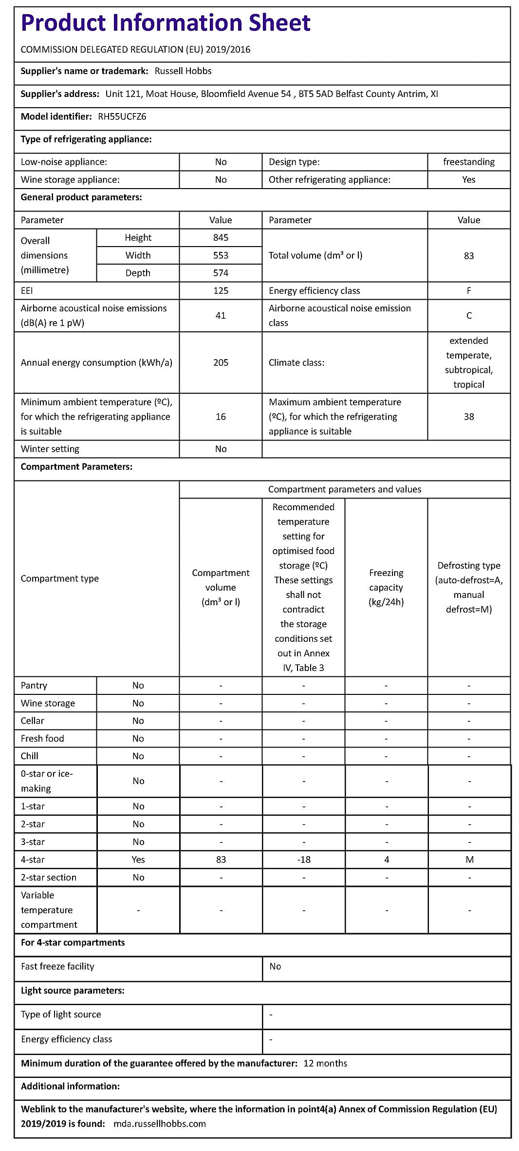 Russell Hobbs RHUCLF2W Freestanding Undercounter Larder Fridge, 111