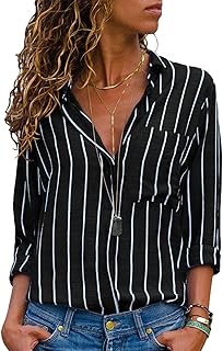 Livonmone Women's Blouse, Long Sleeves, Casual, Striped Top, Shirt, Loose, V-Neck, Chiffon, Elegant