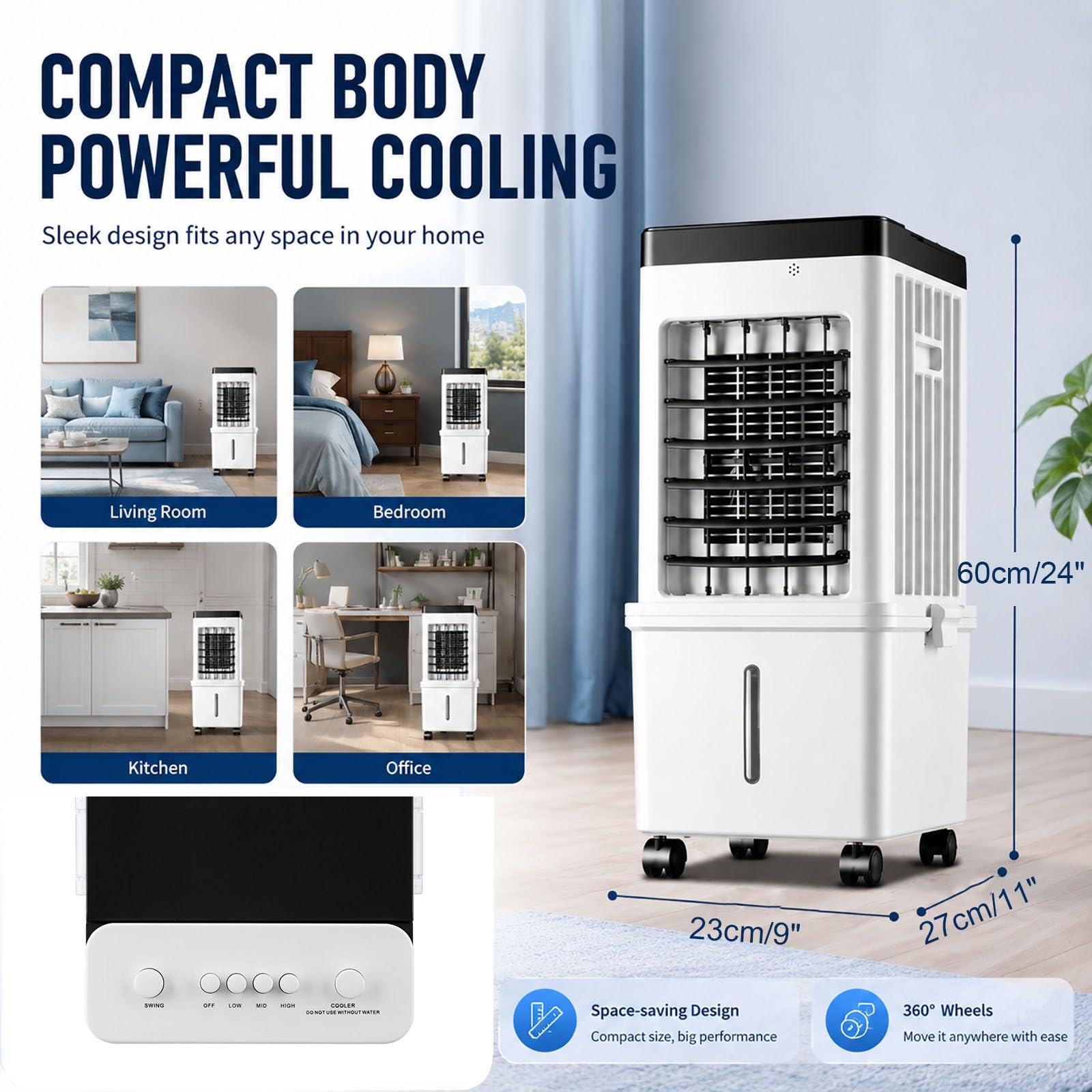 Climatizador Evaporativo, 15L Enfriador de Aire Portátil con Oscilación 120°, Ventilador Silencioso 3 Velocidades, Modos