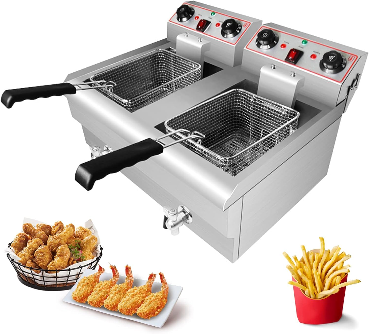 Friggitrice commerciale, friggitrice elettrica da banco, macchina per friggere commerciale, cestelli a doppia vasca, friggitrice francese in acciaio inossidabile con regolatore di temperatura/scaric