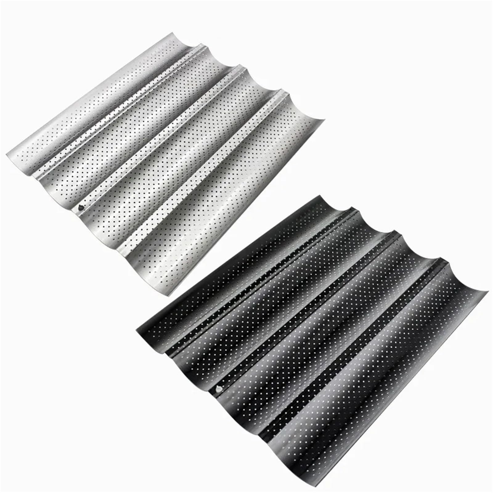 Molde antiadherente perforado for hornear pan francés, de acero al carbono, for baguettes 4 ondas, bandeja cocina(Silver 3)