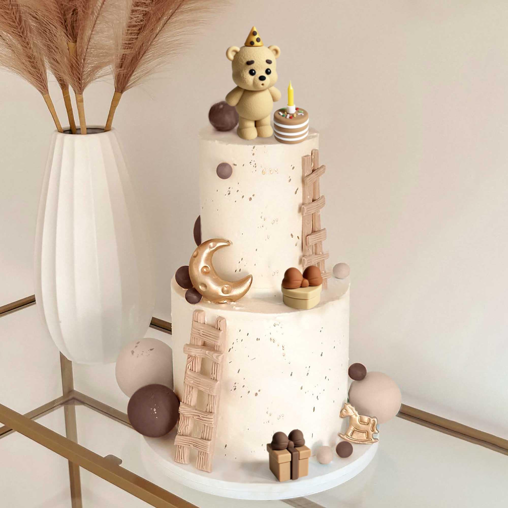 Roaring Good Time Pluszowy miś dekoracja tortu, chrzest, chłopiec, dekoracja tortu dla dziewczynki w wieku 1 roku, brązowy tort, dekoracja na wesele, baby shower, urodziny (nie zawiera świec) | Pluszowy miś, dekoracja na tort chrzcinowy dla dziewczynki, 1
