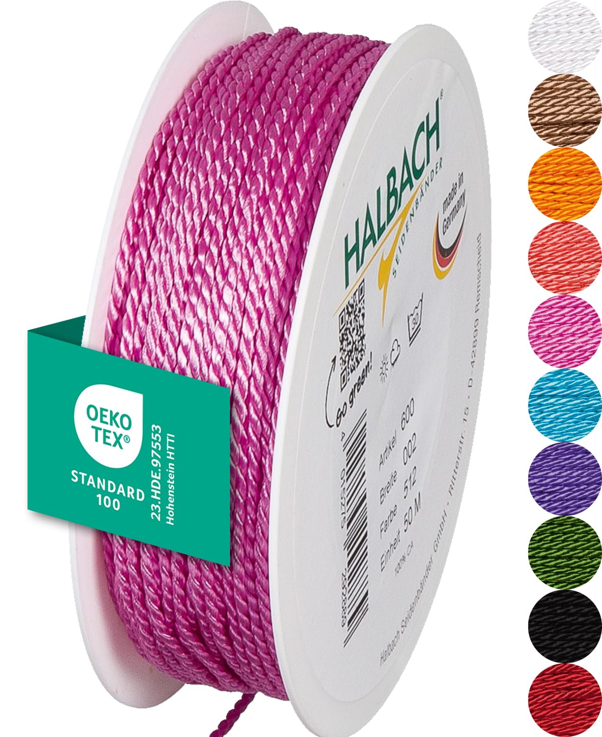 Halbach Seidenbänder Premium Kordel (rosa) | Breite 2mm Länge 50m | Made in Germany & Öko-Tex Zertifiziert | glänzende Satinkordel aus Acetat