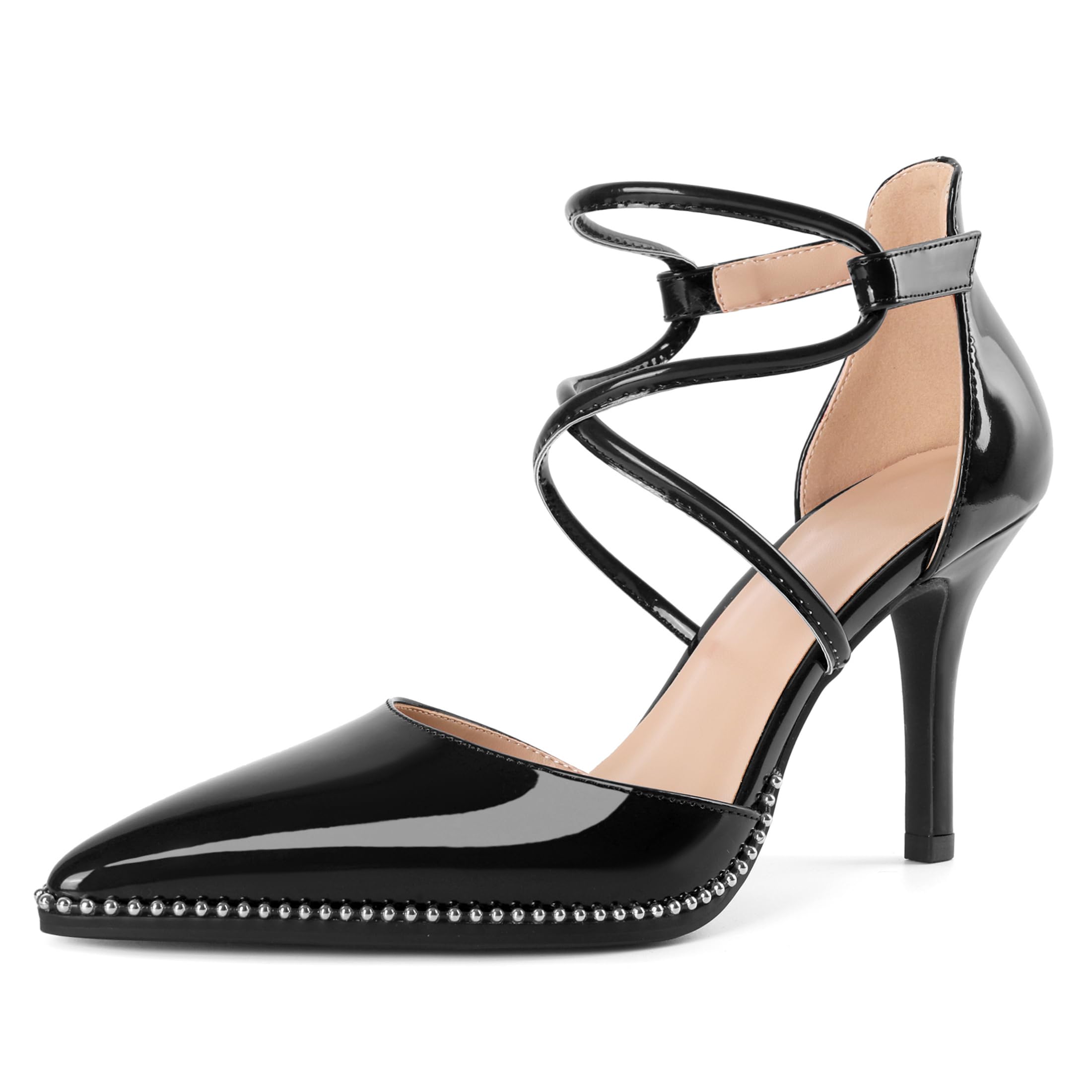 Soireelady Womens High Heel Stilettos Beaded Pumps Criss Cross Ankle Strappy Pointed Toe D'Orsay Heel Dress Shoes 3.5 Inch