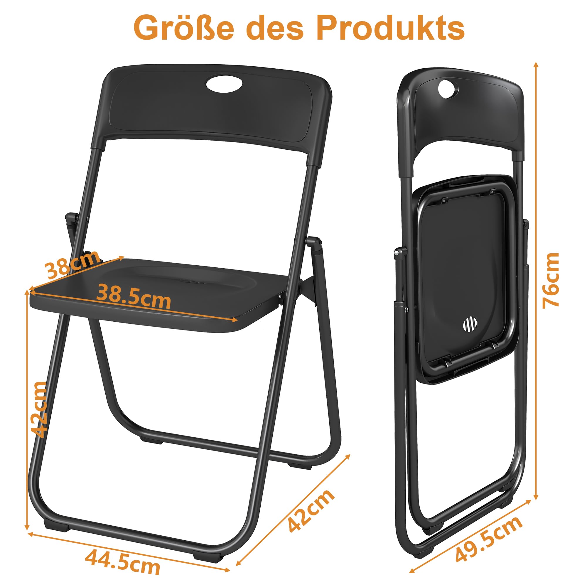 Juego de 4 sillas plegables para ahorrar espacio, de plástico y metal, sillas de jardín plegables resistentes hasta 158 kg, cómodas y ligeras, para interiores y exteriores, camping, color negro