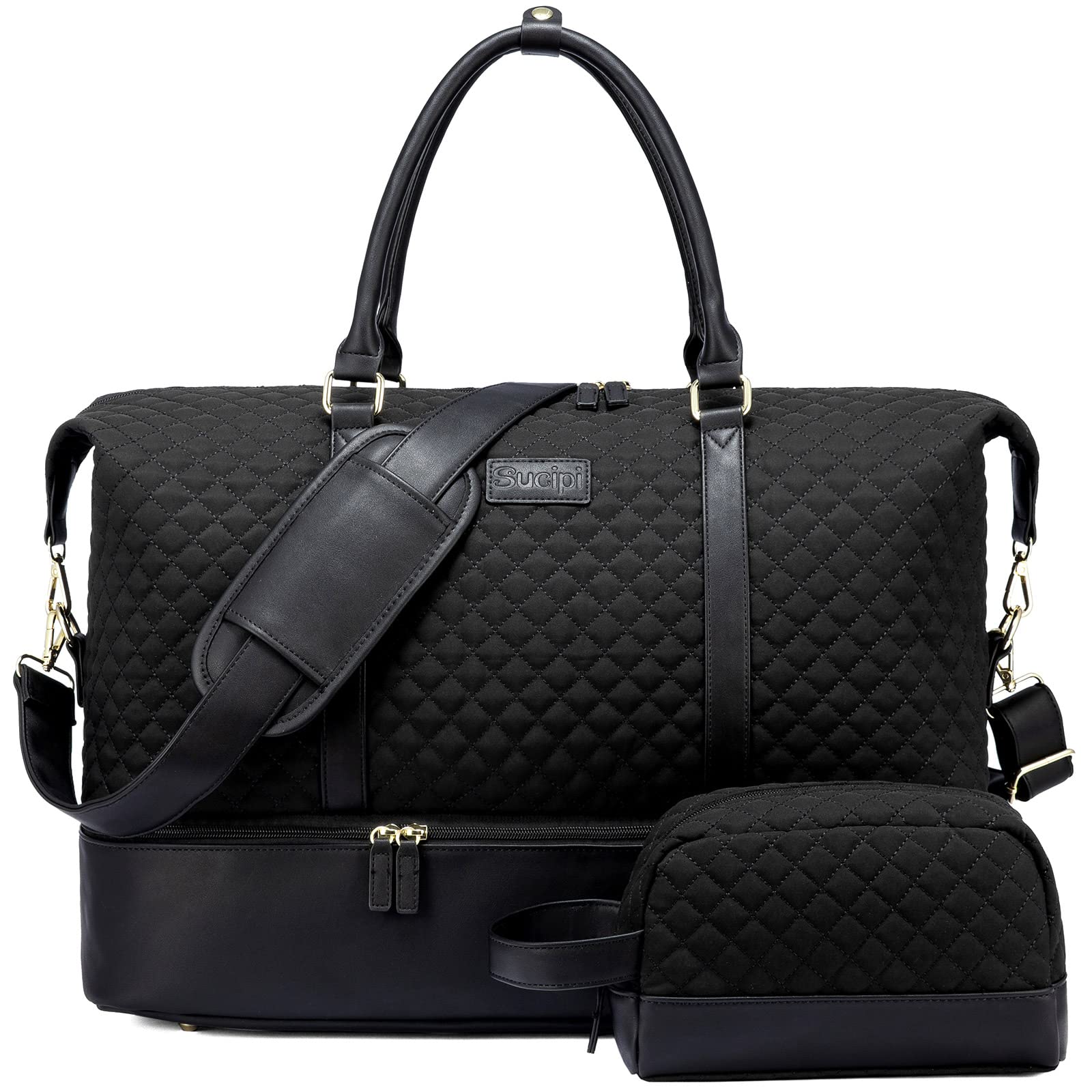 Sucipi Reisetasche Damen, Weekender Handgepäck Tasche, Kliniktasche Geburt Mommy Bag, Wasserdicht Sporttasche Groß, Travel Duffle Bag mit Schuhfach & Nassfach für Flugzeug Reise Gym Camping, Schwarz
