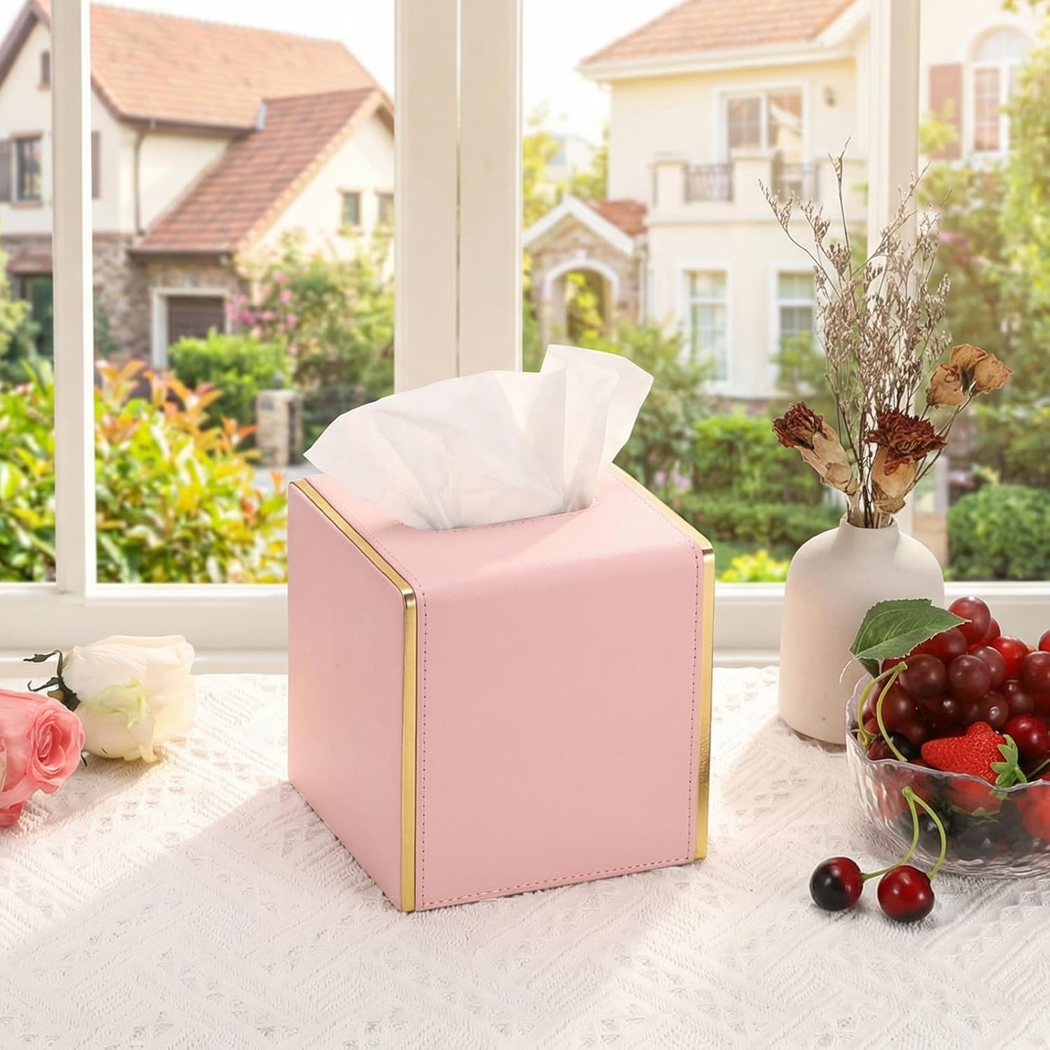 Sumnacon PU Square Tissue Box Cover, Magnetic Bottom, Waterproof, Pink image 2