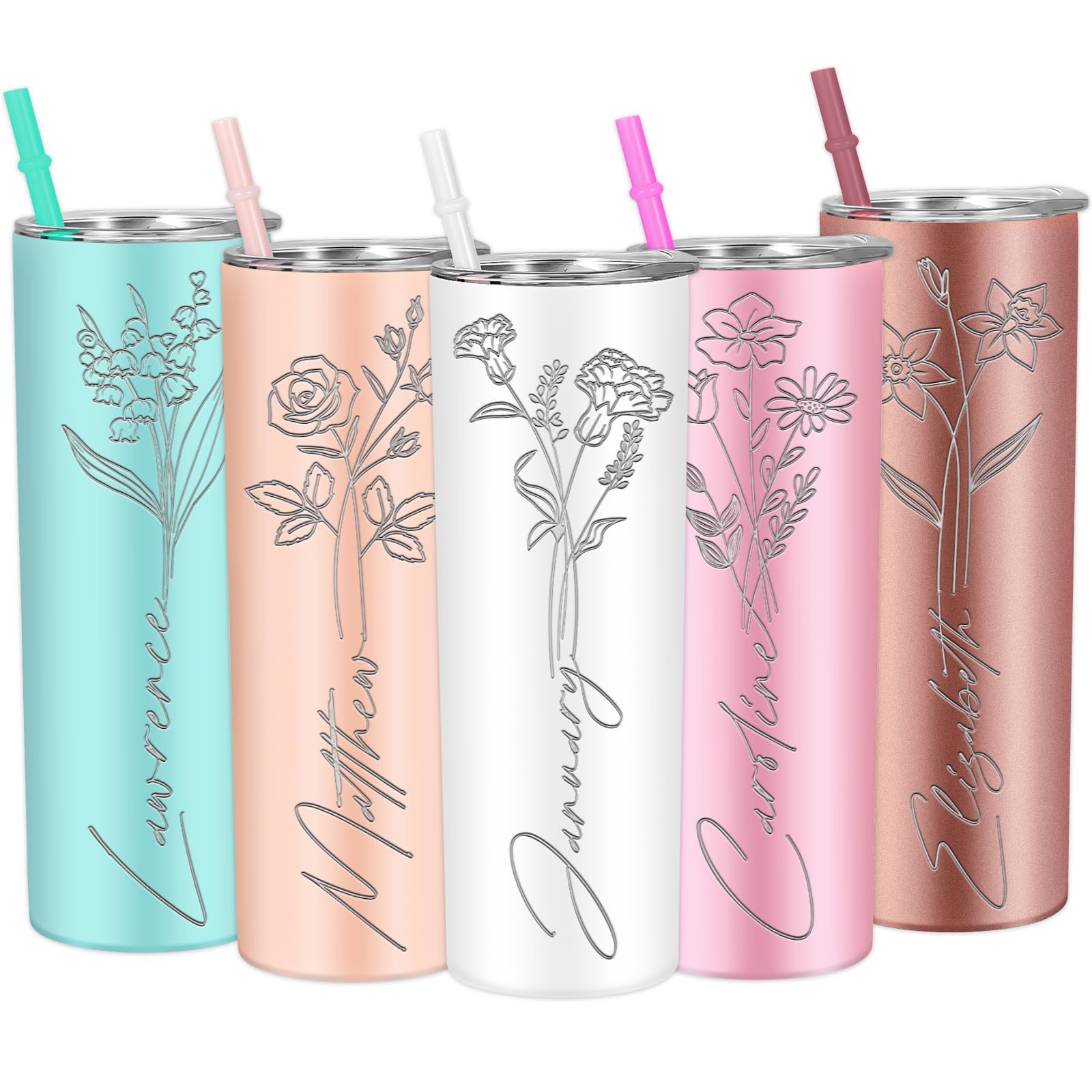 Generic Personalized Tumbler with Birth Flower Custom Skinny Tumbler Engraved Names Birthday Gifts for Women 20 oz Stainless Steel Insulated Cups with
