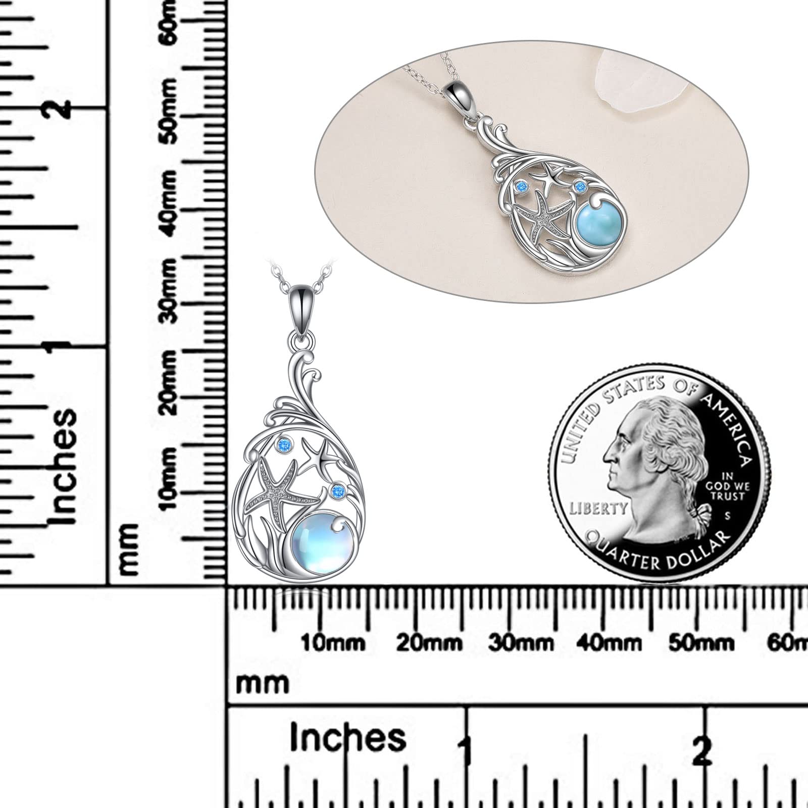YFN Collar de playa con estrella de mar para mujer Plata de Ley Moonstone Teardrop Joyería