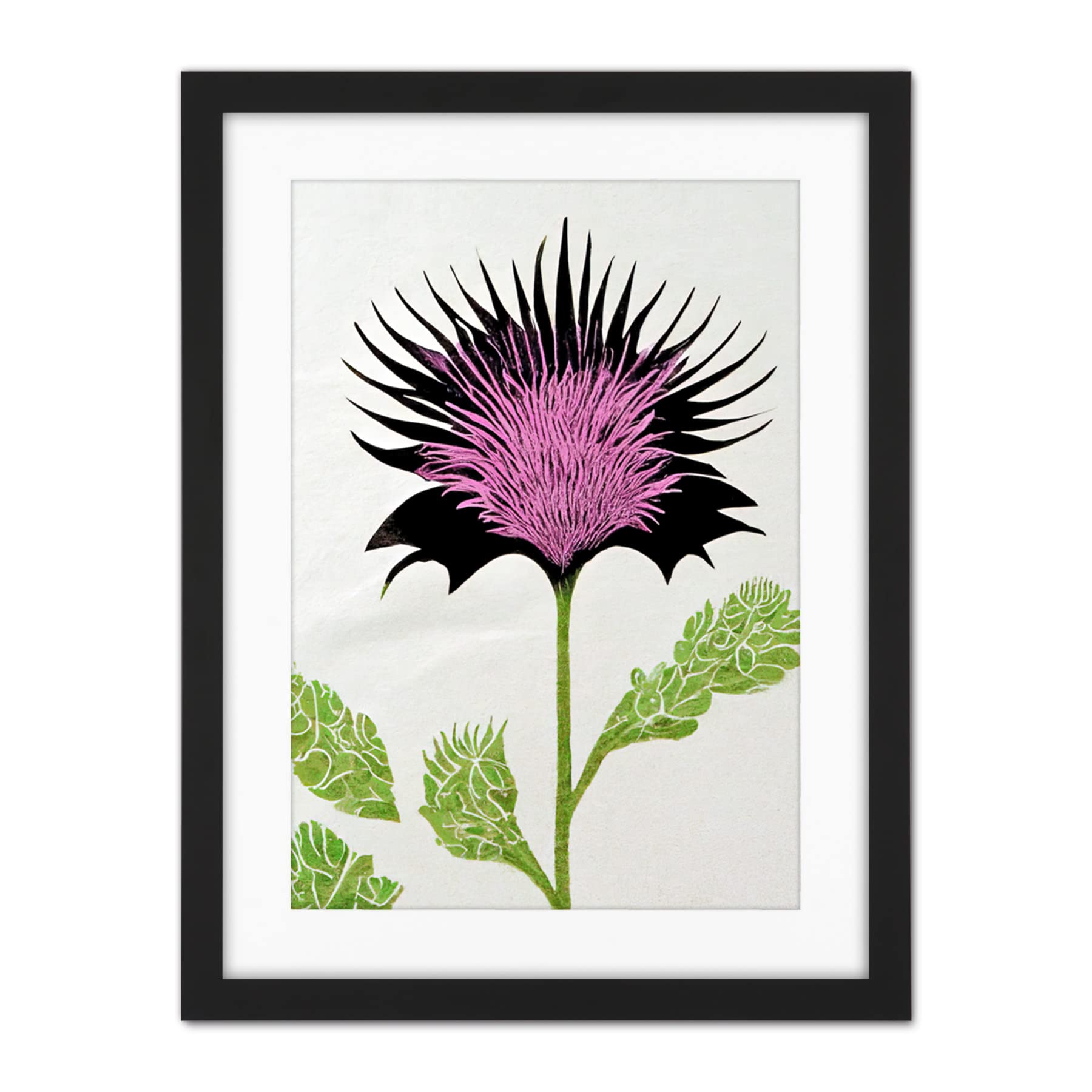 Doppelganger33 LTD Linocut Scottish Thistle Abstract Wildflower Artwork Framed Wall Art Print 18X24 Inch