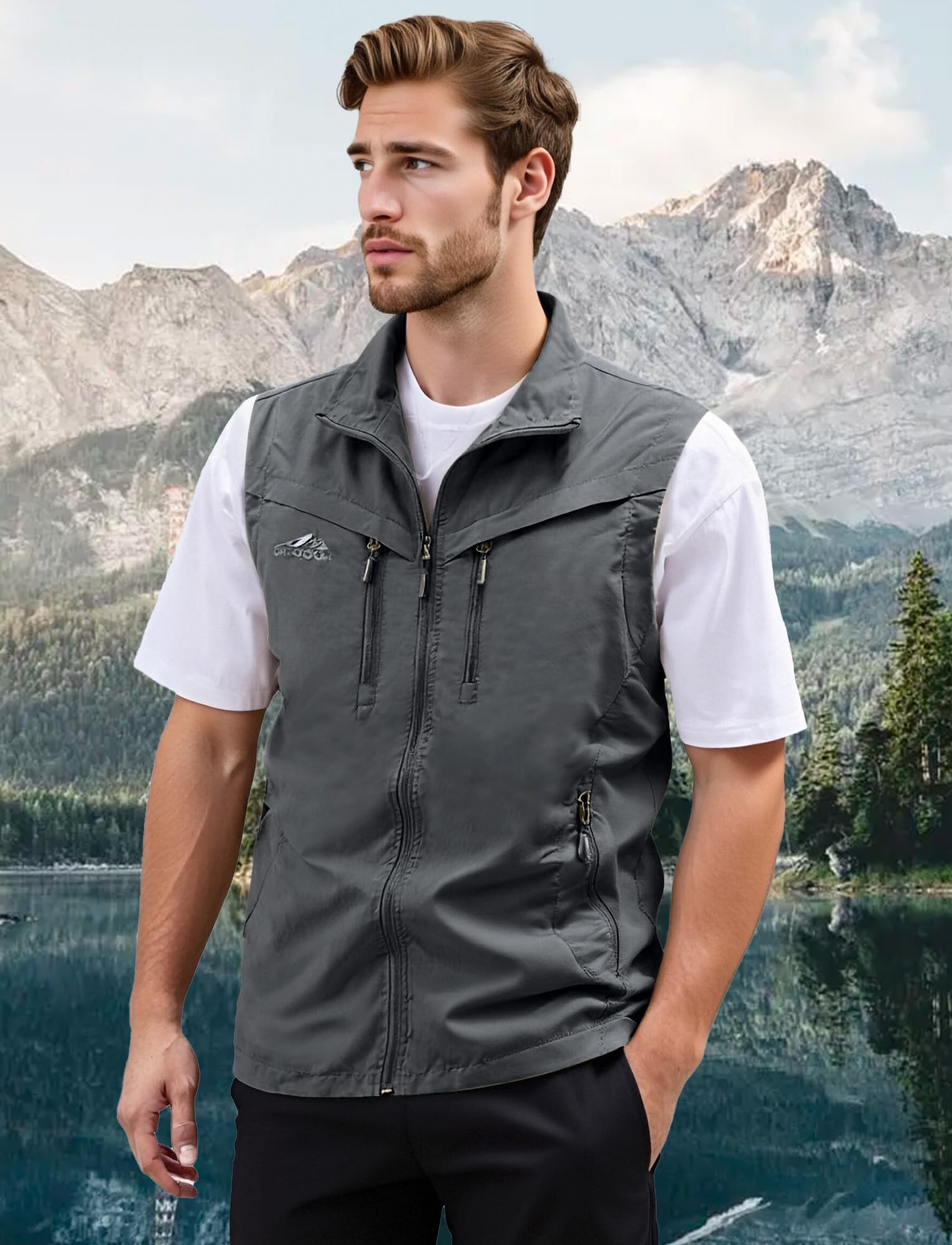 AIEOE Gilet da uomo multi tasche senza maniche con colletto alla coreana gilet da pescatore gilet da campeggio con cerniera