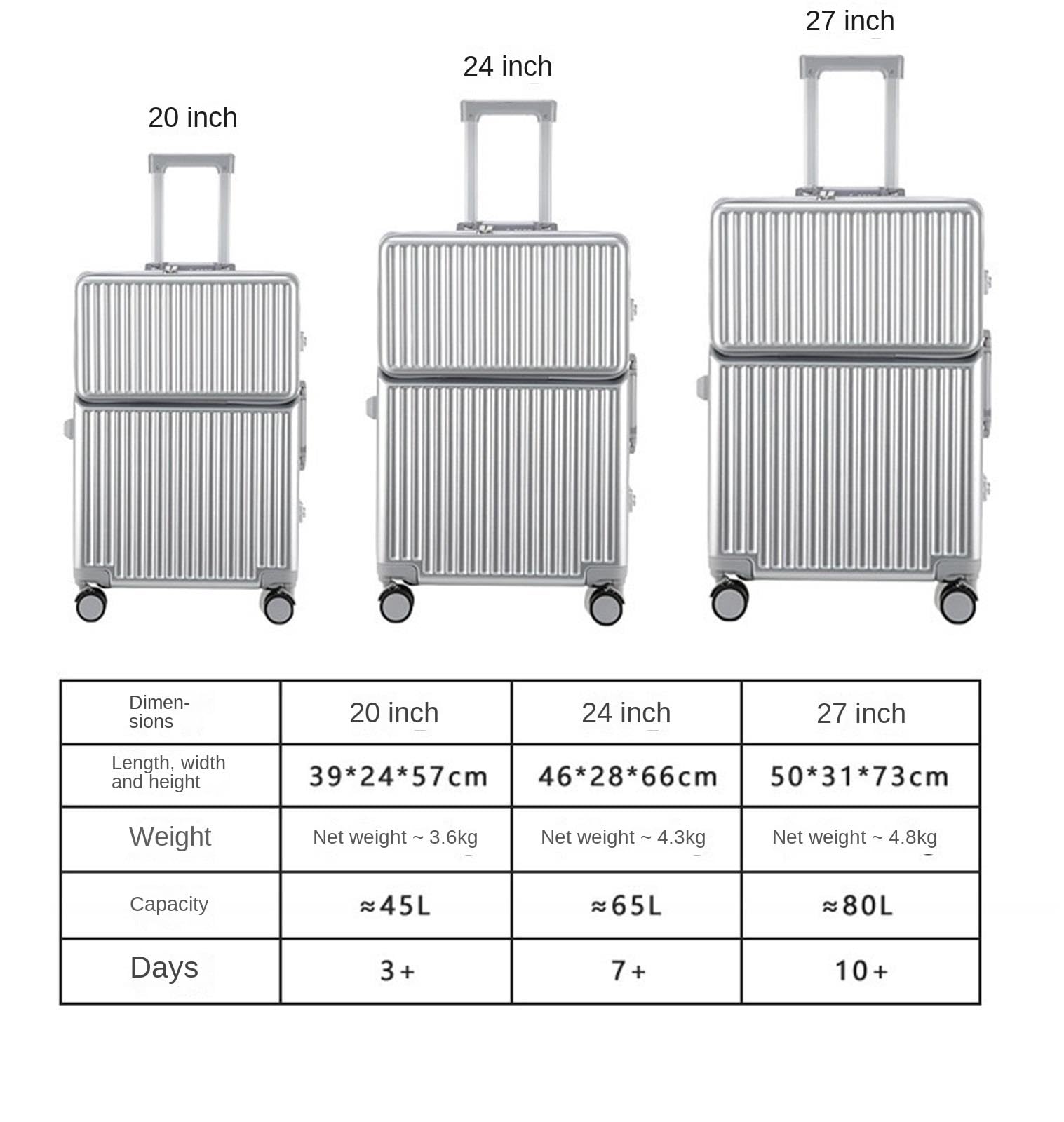 Walizka Walizka Podróżna Z Aluminiową Ramą, Do Podróży Służbowych, Otwieraniem Przodu Bagaż Podręczny(Blue,Silver,24inch)