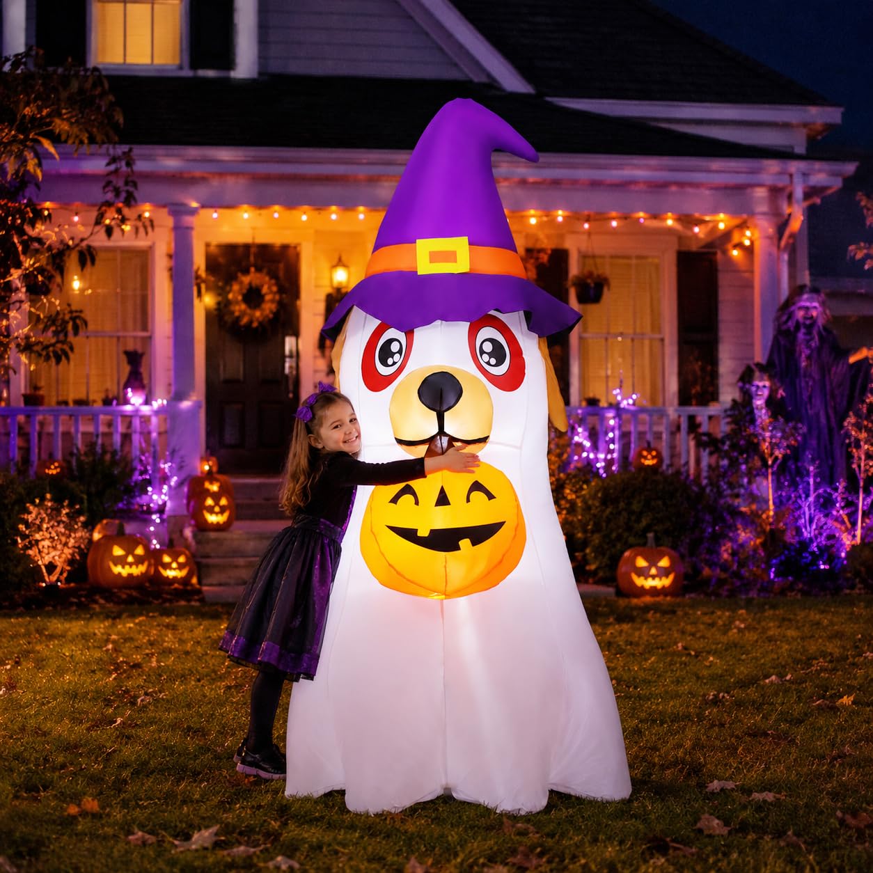 GOOSH 6.2 FT Halloween Inflatables Dog Outdoor Decorations Blow Up Yard Cute Puppy Ghost with Pumpkin with Built-in LEDs for Indoor Party Garden Lawn Holiday Decor