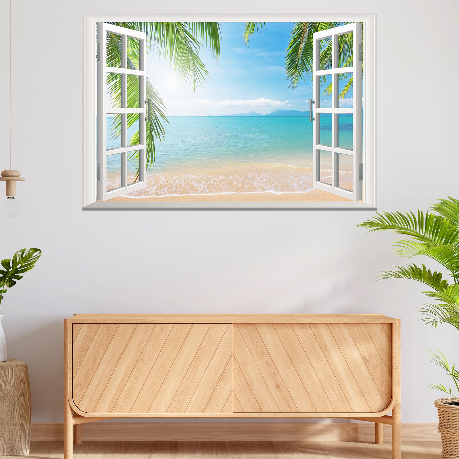 Calcomanía de pared de ventana falsa 3D de paisaje marino, océano azul y palmera, calcomanía de pared de paisaje creativo, calcomanías de pared de vinilo extraíbles para sala de estar, dormitorio,