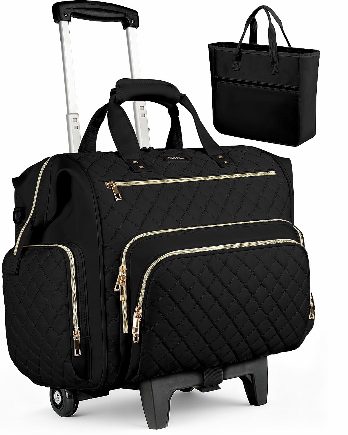 Rolling Teacher Bag, 16 Inch Rolling Laptop Bag with Detachable Dolly & Teacher File Tote, Large Roller Briefcase for Teaching Office Work, Women, Craft Nurse, Black