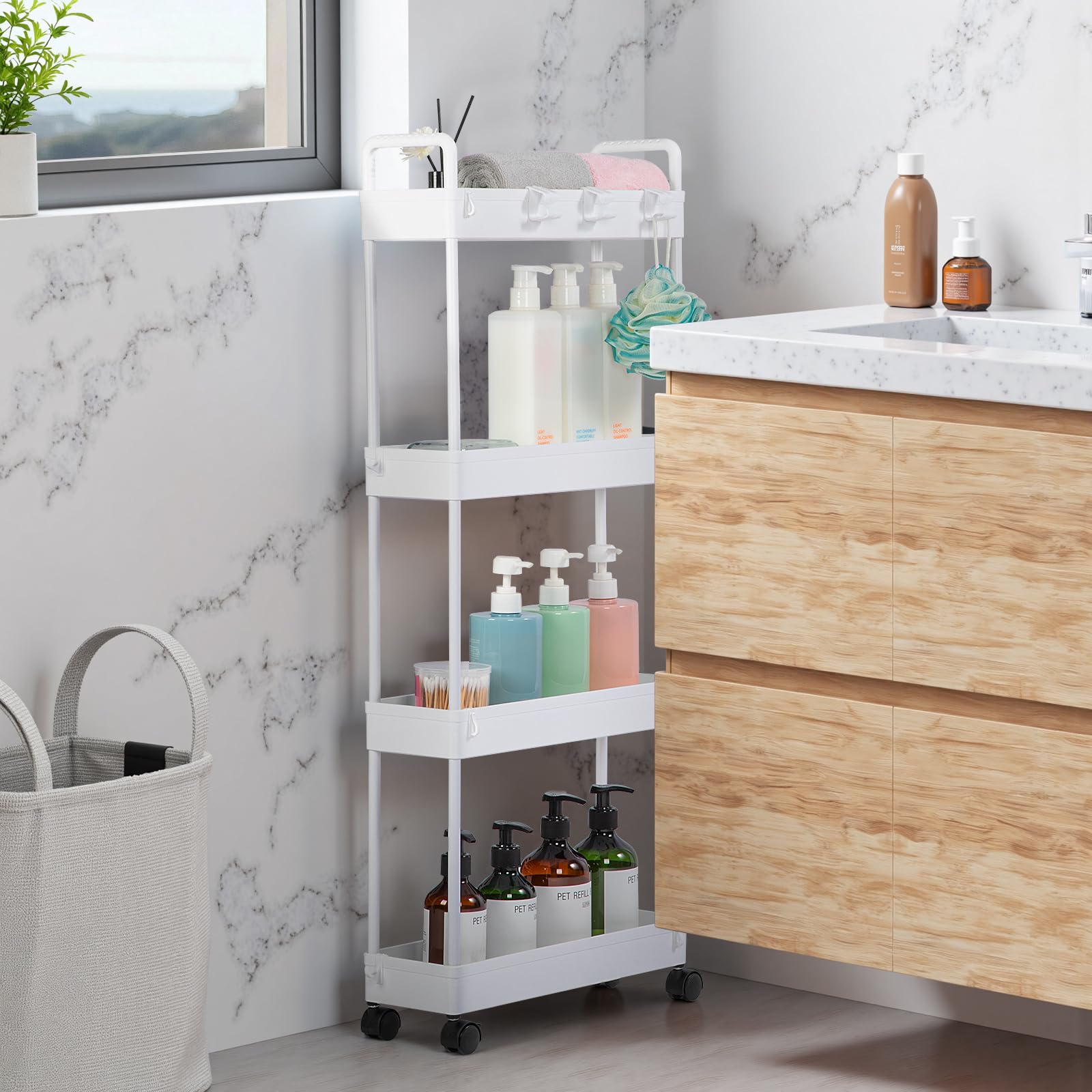 FoiiLiio Carrello Portaoggetti a 4 Livelli,Scaffale da Cucina Mobile,Carrello Bagno Salvaspazio,Carrellino Cucina Salvaspazio a Ruote,Carrello con Ruote per Ufficio,Bagno,Bianco,38.8 x 12.5 x 90.7cm