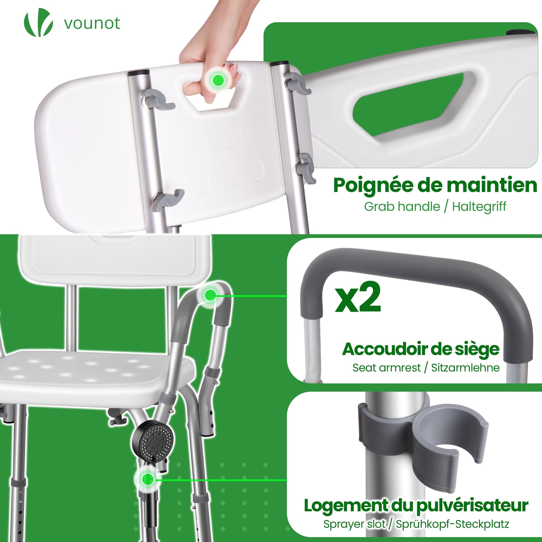 VOUNOT® Sedia da Doccia in Alluminio con Schienale e Braccioli, 6 Altezze Regolabili 71-83,5 cm, Sedile Bagno Ergonomica per Anziani e Disabili con Piedini Antiscivolo, Portata Max 136 kg, Bianco