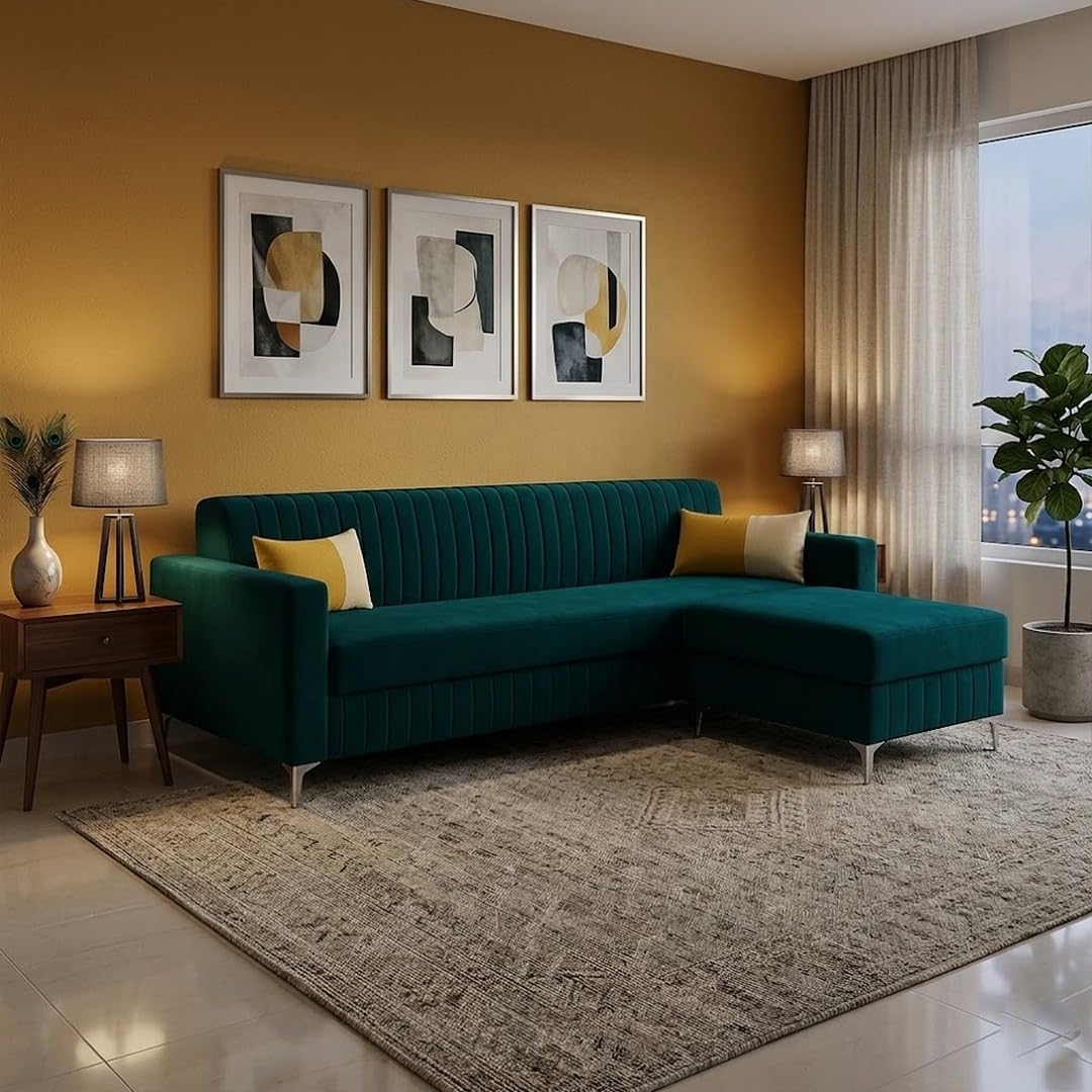 Anton 4 Seater Modular L Shape Sofa Set with Ottoman | Soft Velvet Suede Fabric | Modern Design | Plush Comfort Cushions for Living Room (Greenish Teal)-image-29