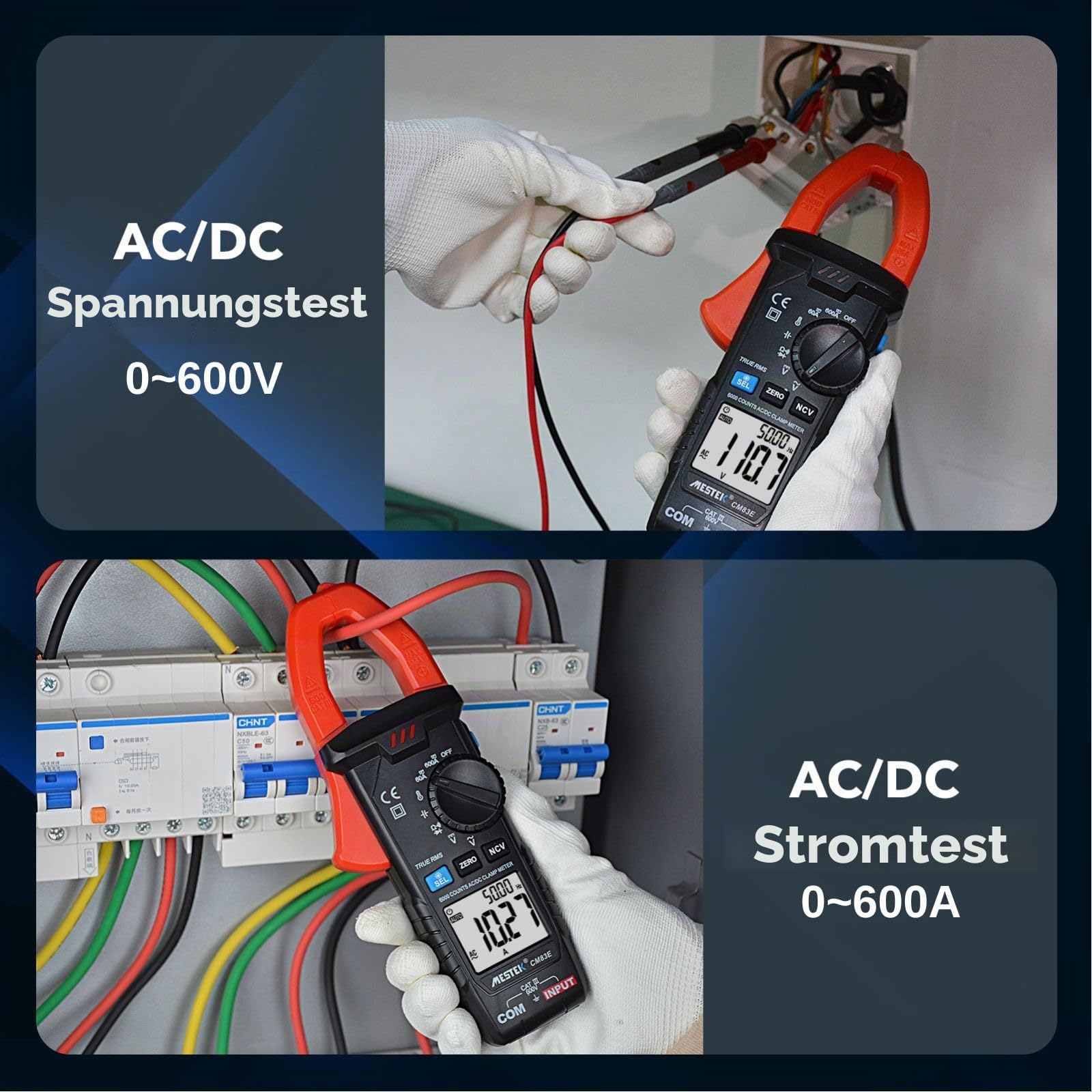 Stromzange MESTEK Multimeter AC/DC, True-RMS 6000 Counts Auto Range Strommesszange, Zangenamperemeter Amperemeter Voltmeter Misst Spannung Strom Temperatur Widerstand Kapazität Diode Kontinuität NCV