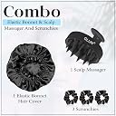 GLUN® Anti-Dandruff Round Scalp Massager with Elastic Closing Black Hair Bonnet Cap with 3 Satin Scrunchies Combo, Treatment Accessories for Hairs, Shampoo Brush Super Soft Bristles gallery image