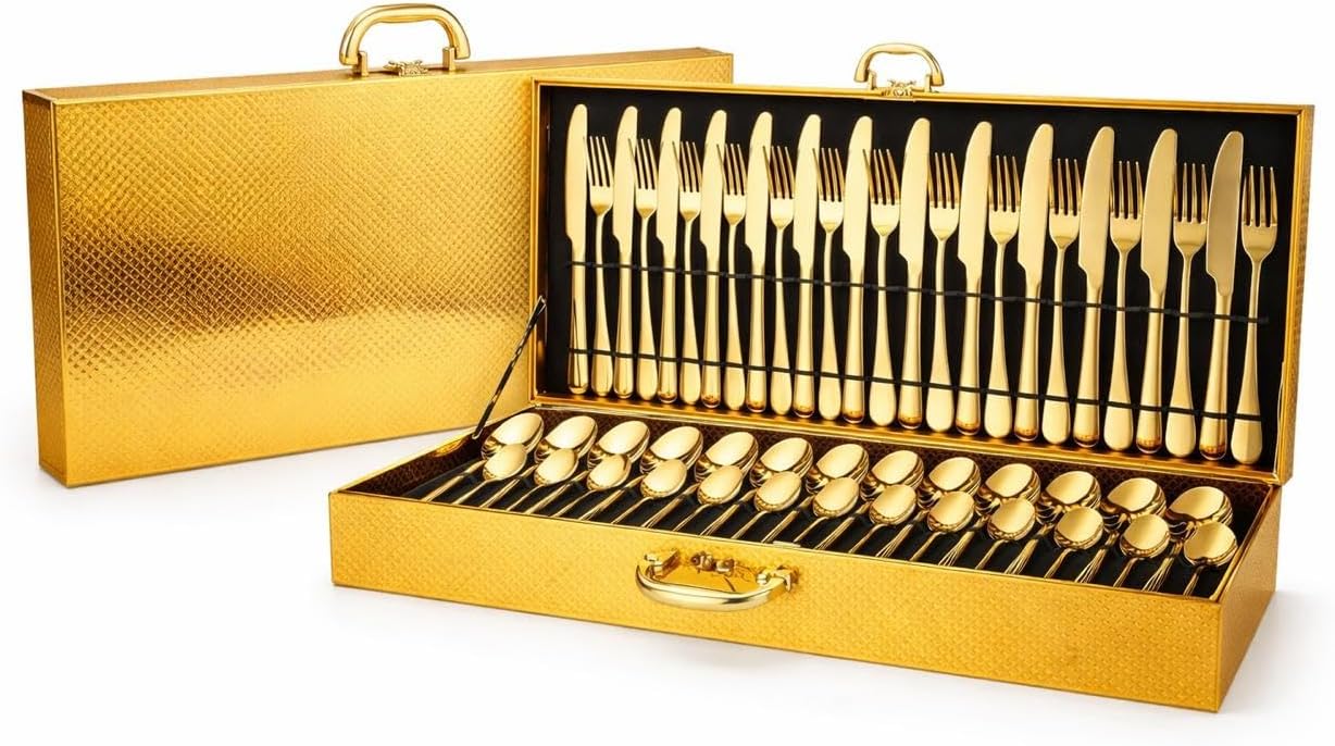 48-Piece Gold Flatware Set for 12 – Luxury Mirror Polished Stainless Steel Silverware Cutlery Set with Forks Knives Spoons