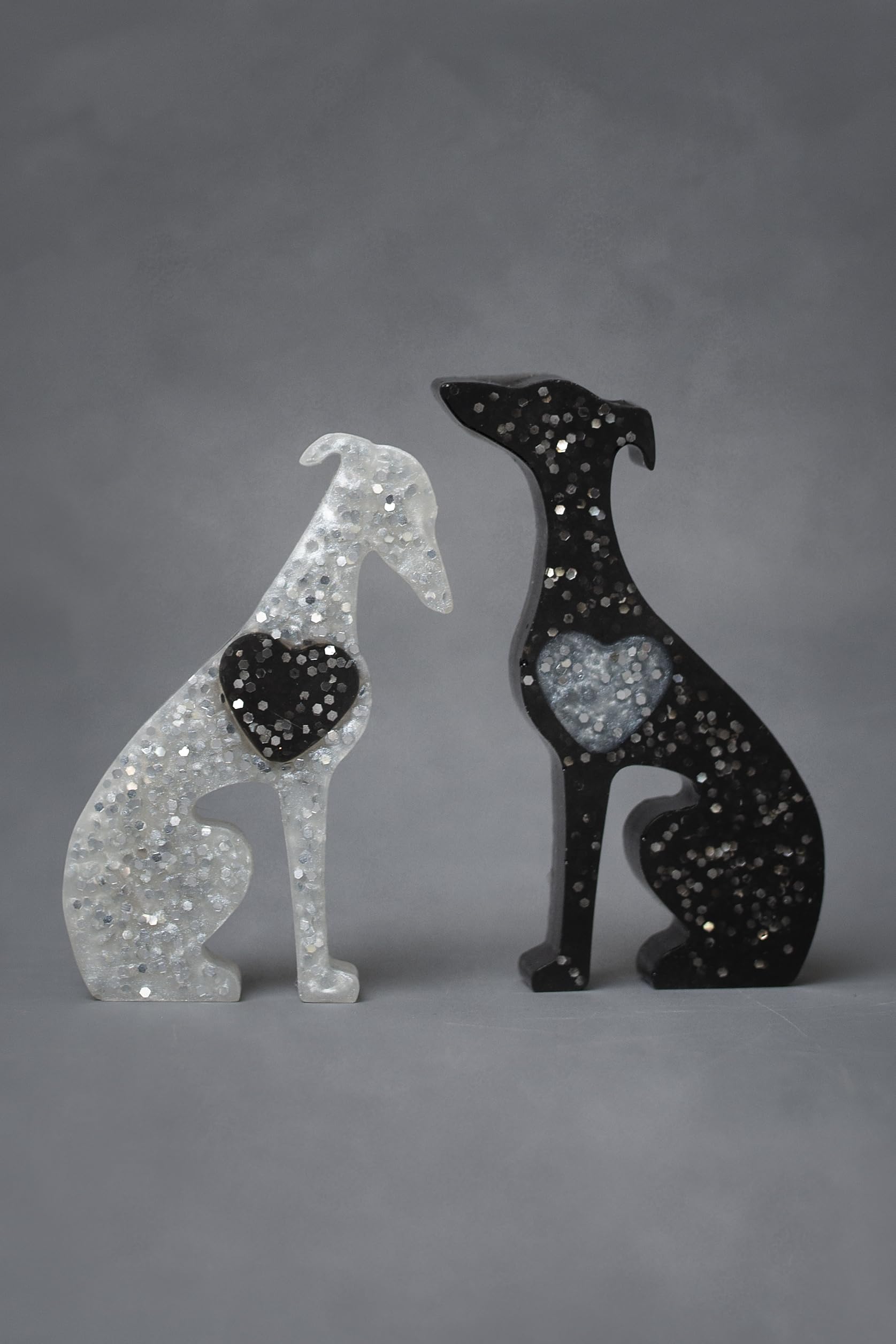 Handmade Mini Resin Whippet/Greyhound Figurines - Set of 2, Decorative Dog Statues 7cm high (Black and white sparkle hearts) - Image 3