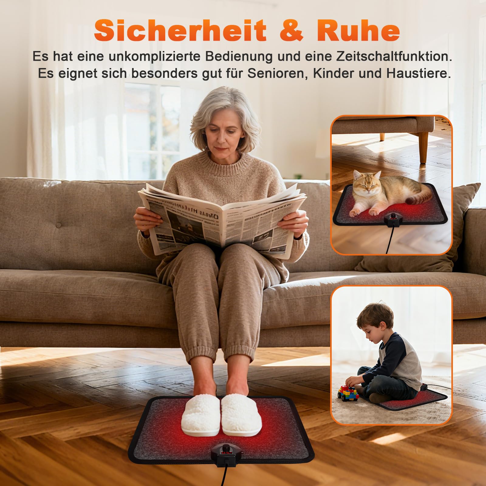 Fußwärmer Elektrisch – 230V Heizmatte Mit 1-12H Timer &7-Temp Heizstufen bis 60°C Wärmepads – 55W Fusswärmer Fußschalter & Thermostat Fussbodenheizung (Schwarz mit Muster)