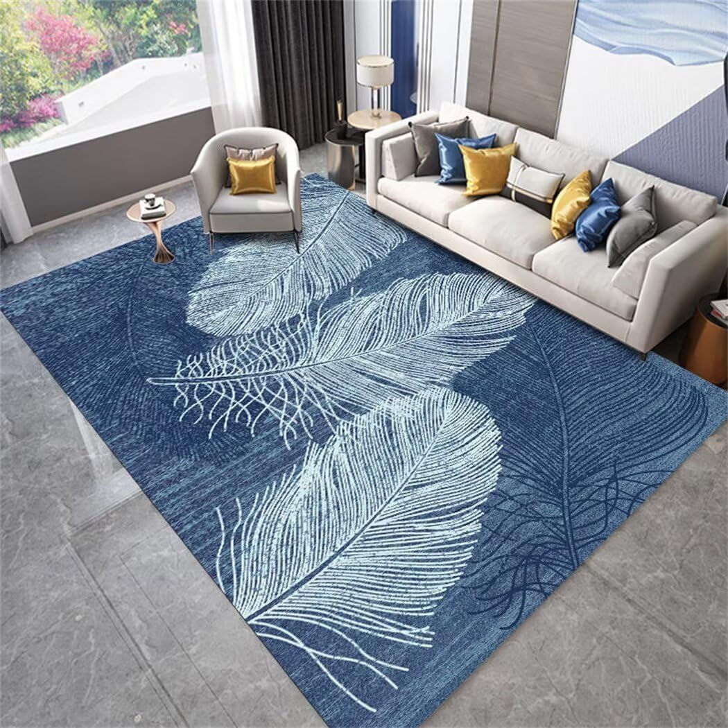 Tapis salon grand format 200x300cm bleu à motif plumes et poils courts