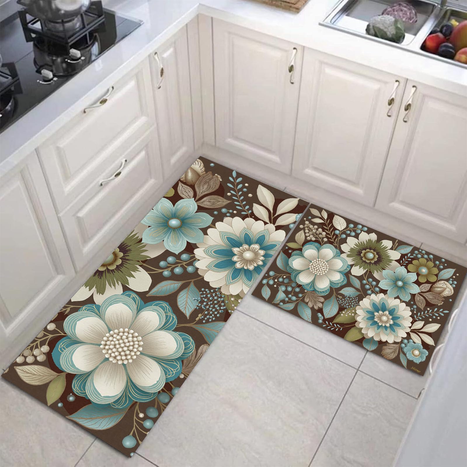 Tapis cuisine anti-fatigue lavable et résistant aux taches style fleurs vintage