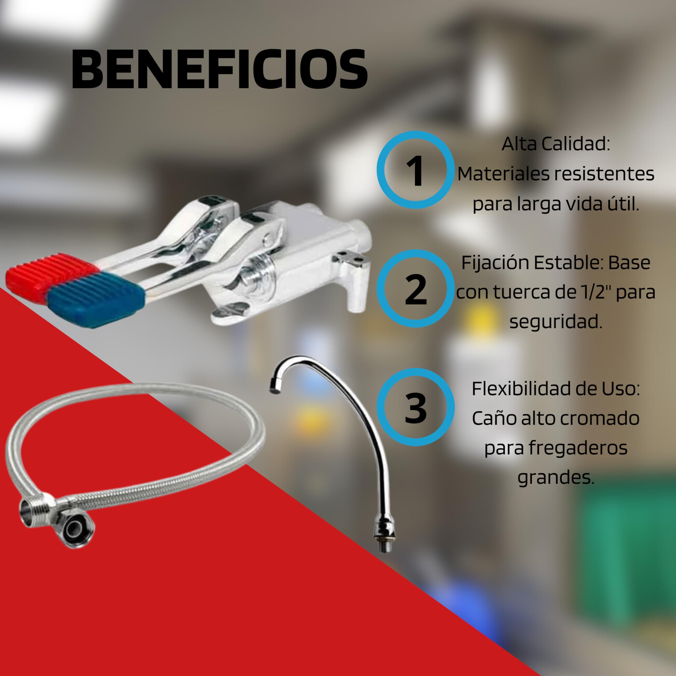 KIT Completo Grifo De Pedal 2 Aguas - Grifo Cocina Industrial Con Pedal Auto Mezclador Agua Fría Y Caliente, Con Flexo Latiguillo, Caño Alto Con Difusor De Agua Y Base De Fijación, Uso En Hostelería Y