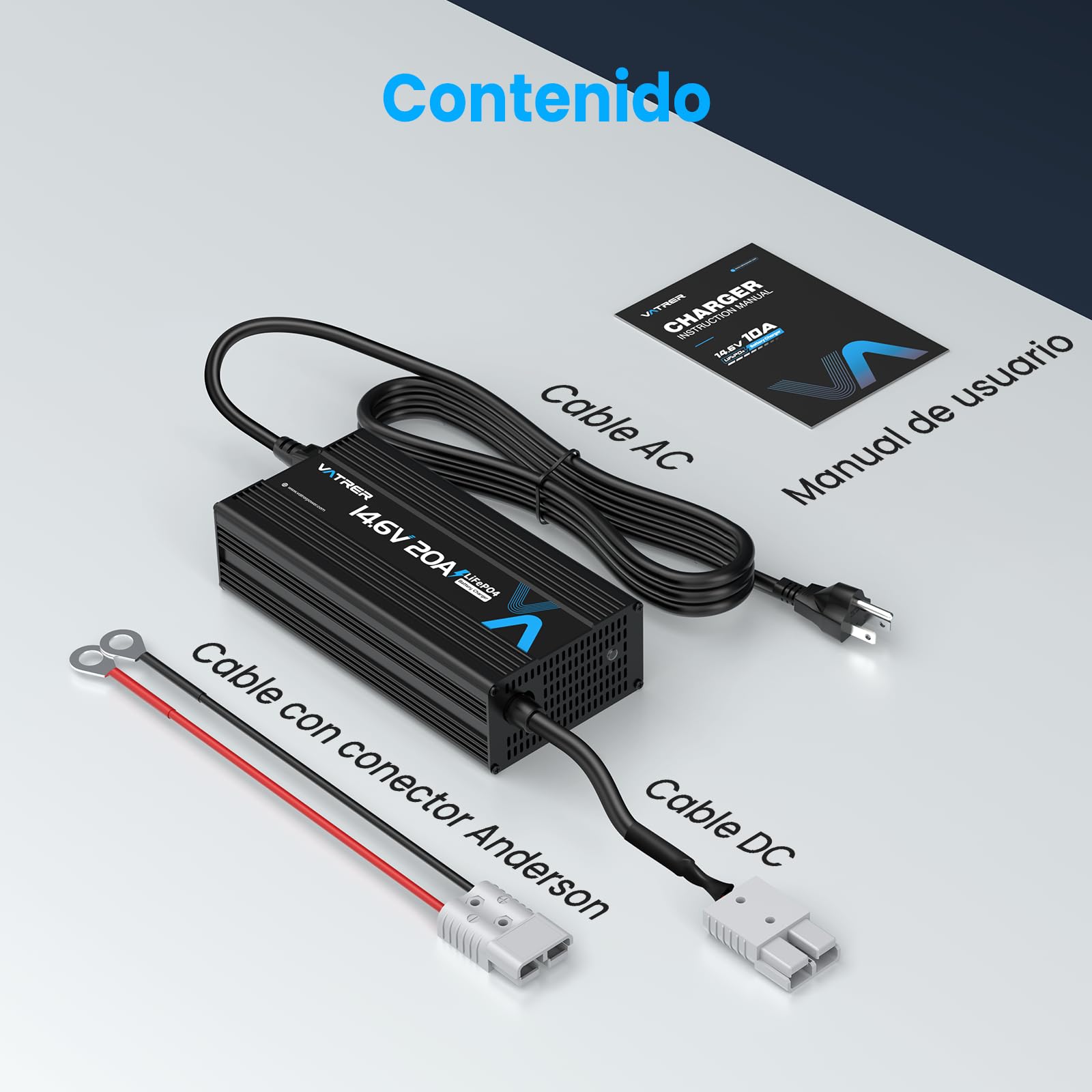 VATRER POWER 14.6V 20A Cargador de Batería de Litio Inteligente AC-DC Cargador de Batería LiFePO4 para Cargar Baterías LiFePO4 de 12V, Ventilador de Enfriamiento Incorporado, con Indicador LED