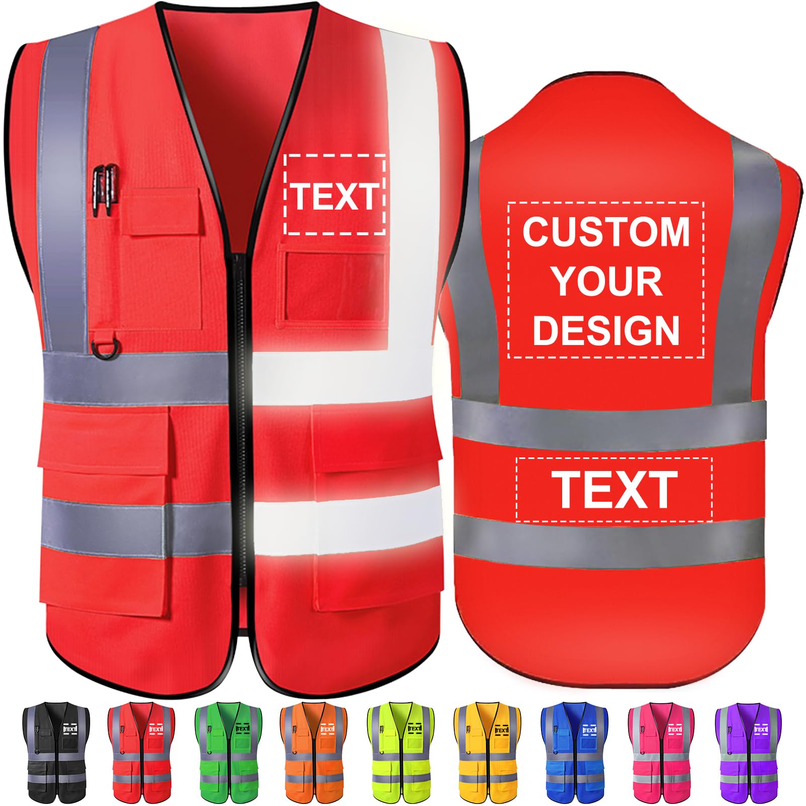 Custom Safety Vest High Visibility Reflective Vests with Pockets Zipper Customize Logo Class 2 for Men Construction Workwear