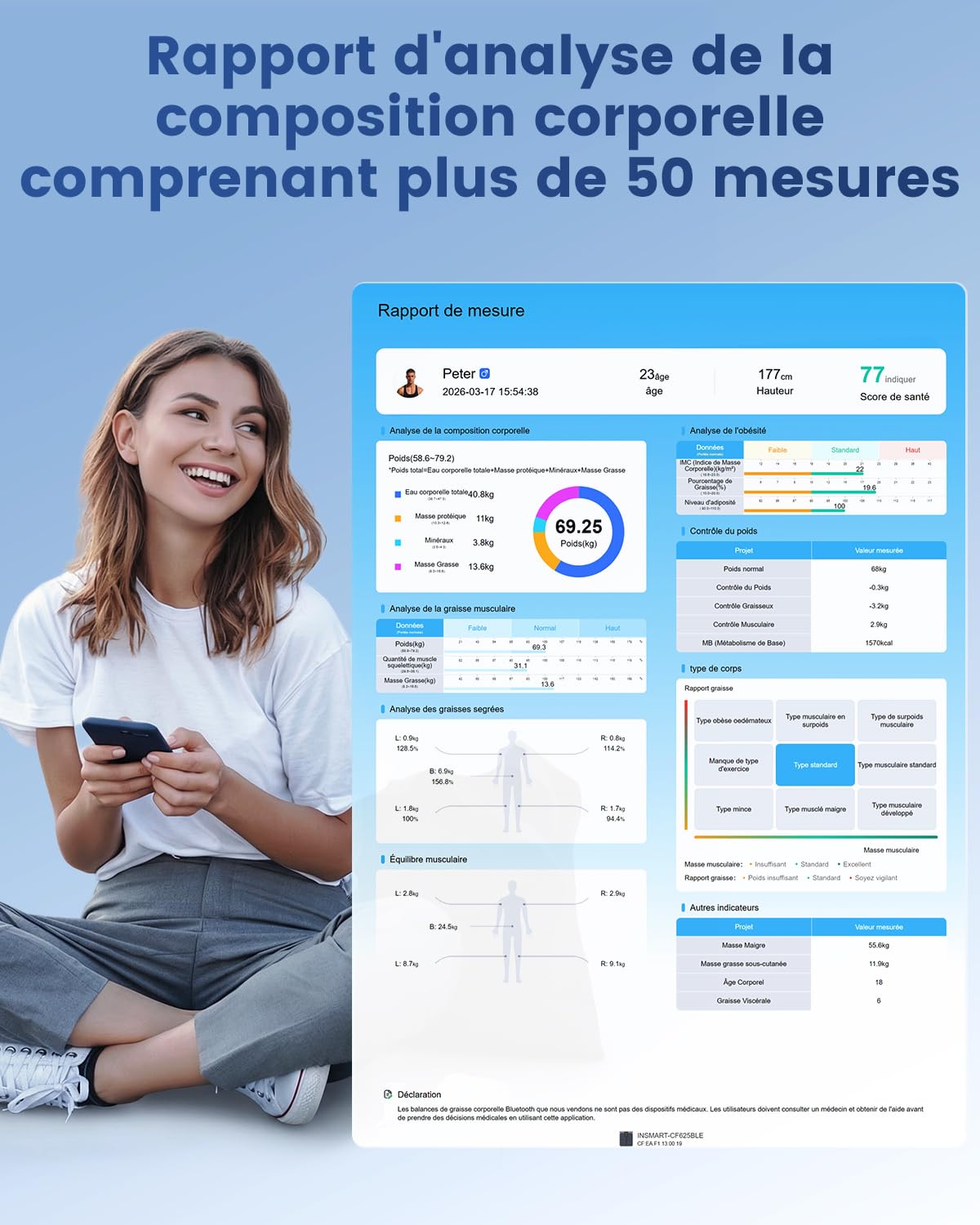 INSMART Pese Personne Intelligent, Balance Pese Personnes à 8 électrodes avec IMC, masse graisseuse et masse musculaire, analyseur de composition corporelle 56, balance à plate-forme plus grande