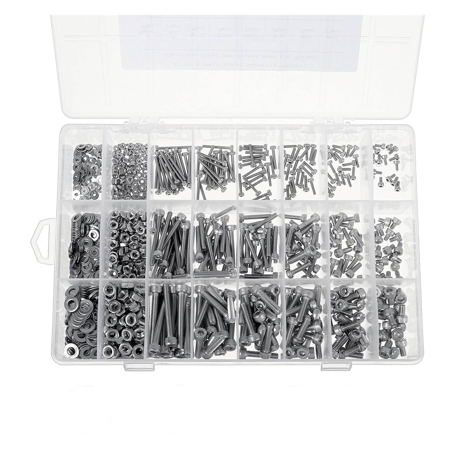 yaoqijie 500/ 1080pcs M2 M3 M4 M5 Juego de tornillos de zócalo hexagonal de acero al carbono Tornillos de cabeza redondos planos Tornillos de tornillos y tuercas Kit de surtido con caja de almacenami