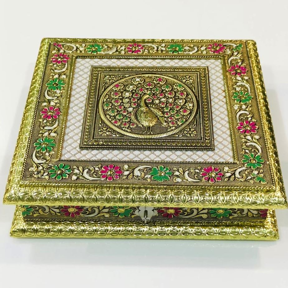 Image of Premium Gold Plated Dry Fruit Box with Peacock Design | Square Decorative Metal Storage Box with 4 Compartments | Luxury Gift for Diwali, Wedding & Festive Occasions (25 x 25 x 6 cm)