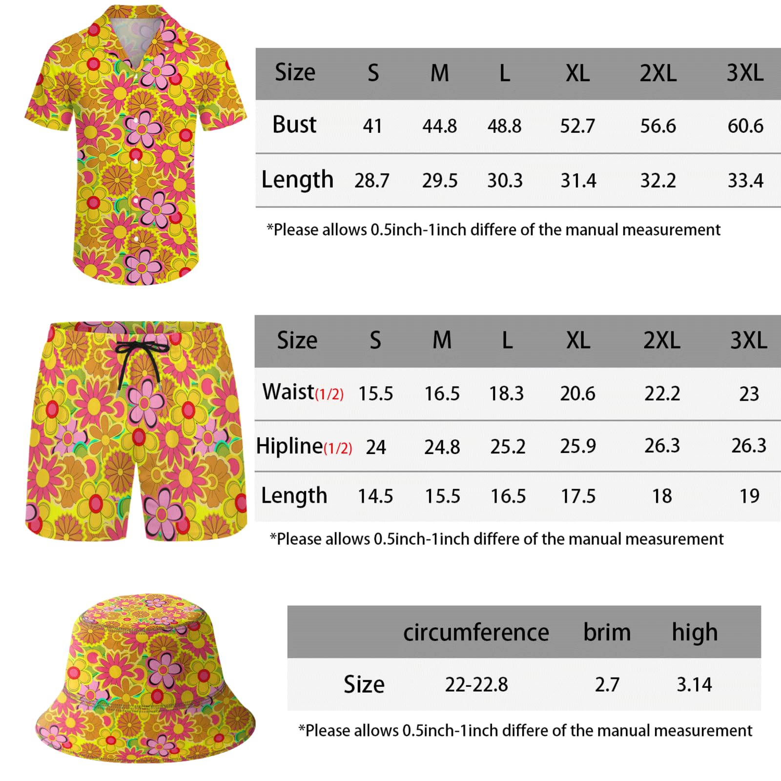 Ensemble hawaïen pour homme, chemise de plage et short avec chapeau cloche