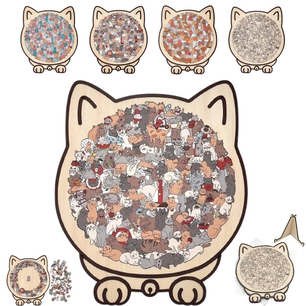 135-Piece Mailard/Macaron/Wooden/Morandi-Colored Cat Shaped Wooden Jigsaw Puzzle for Adults, Cute Animal Cats Decorative with Adorable Cats Outlines