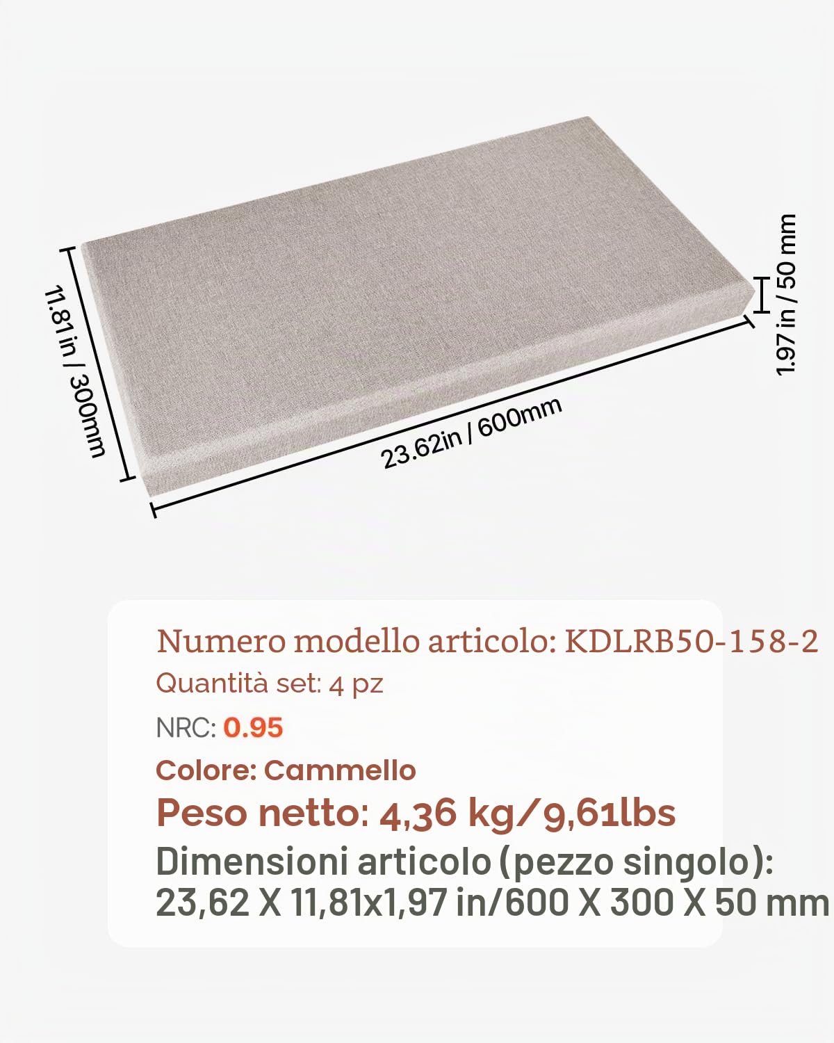 VEVOR Pannelli Acustici Murali Fonoassorbenti Autoadesivi, Pannelli Fonoassorbenti in Fibra di Vetro Bianca 4,36 kg, per Studi, Uffici, Sale Riunioni, 4 Pezzi 600 x 300 x 50 mm, Cammello
