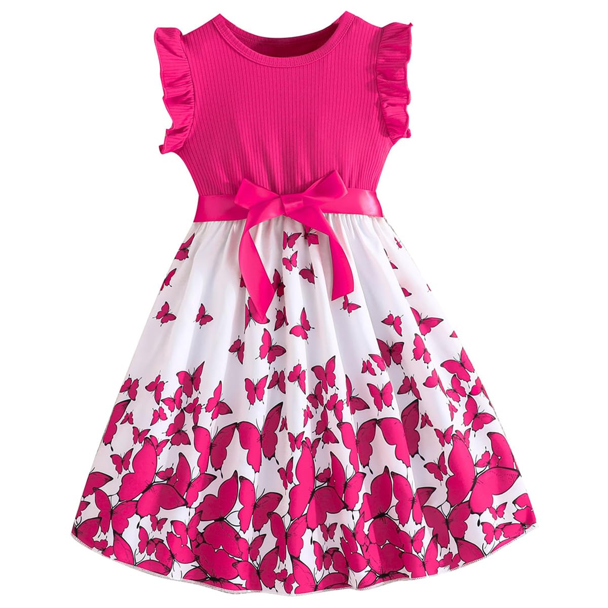 Mädchen Kleid mit Blumen Bowknot, Rüschenärmel A-Linie für Sommer Ostern, Rundhals 104 110 116 122 128