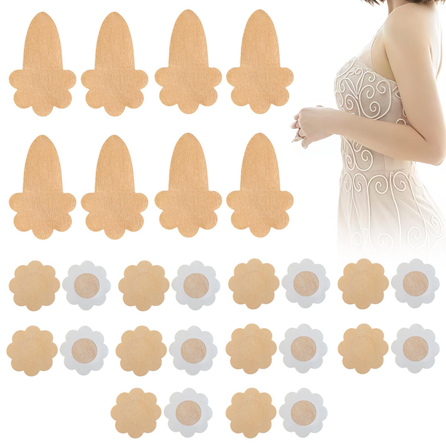 Nidhfg Unisex Skin Color 4 Pairs Of Invisible And Seamless Chest-Lifting Stickers And 2 Pairs Of Floral Breast Stickers, Breathable And Thin Anti-Bumps, Suitable For Suspenders And Dresses.