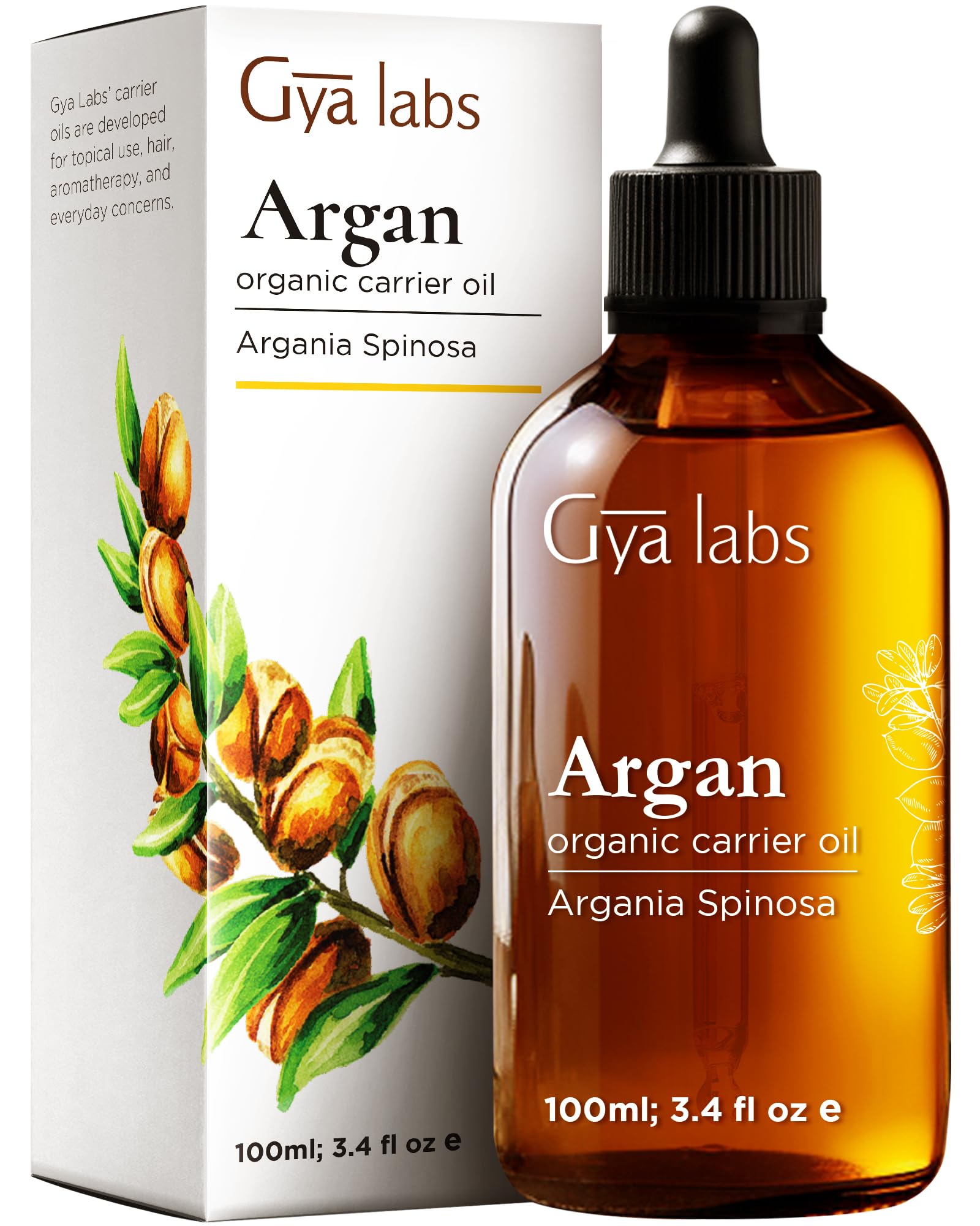 Gya Labs Organic Argan Oil for Hair - 100% Pure Natural Cold-Pressed Moroccan Argan Carrier Oil for Skin, Face, Nail, Lotions, Soaps & Conditioners (3.4 Fl Oz) - Soothing & MoisturizingClimatePartner certified