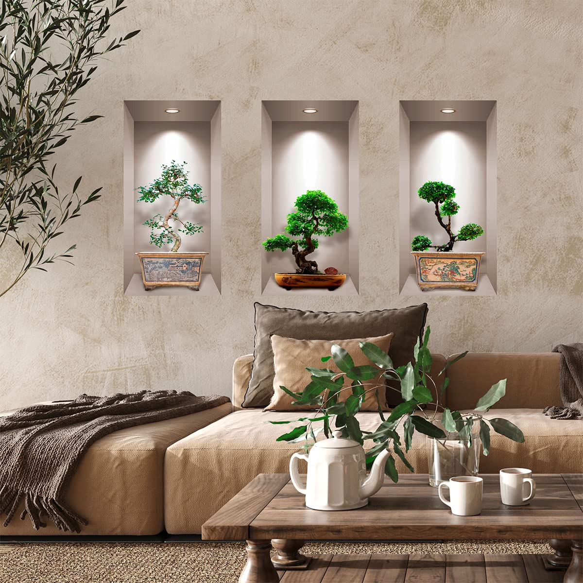 6 adesivi da parete con pianta verde 3D, rimovibili, in PVC, bonsai, piante in vaso, adesivi da parete, vaso, foglie verdi, con spatola, per camera da letto, soggiorno, sala da pranzo