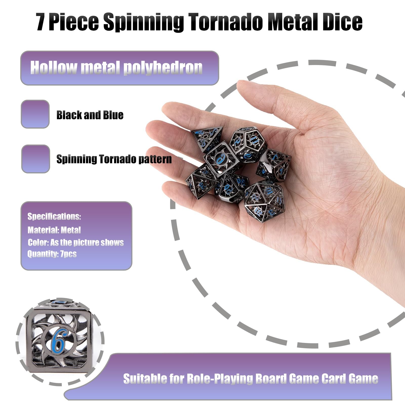 Dés Métalliques à Tornade Noirs et Bleus (7 Pièces), Polyèdres Creux, Compatibles avec Les Jeux de Rôle de Plateau et de Cartes