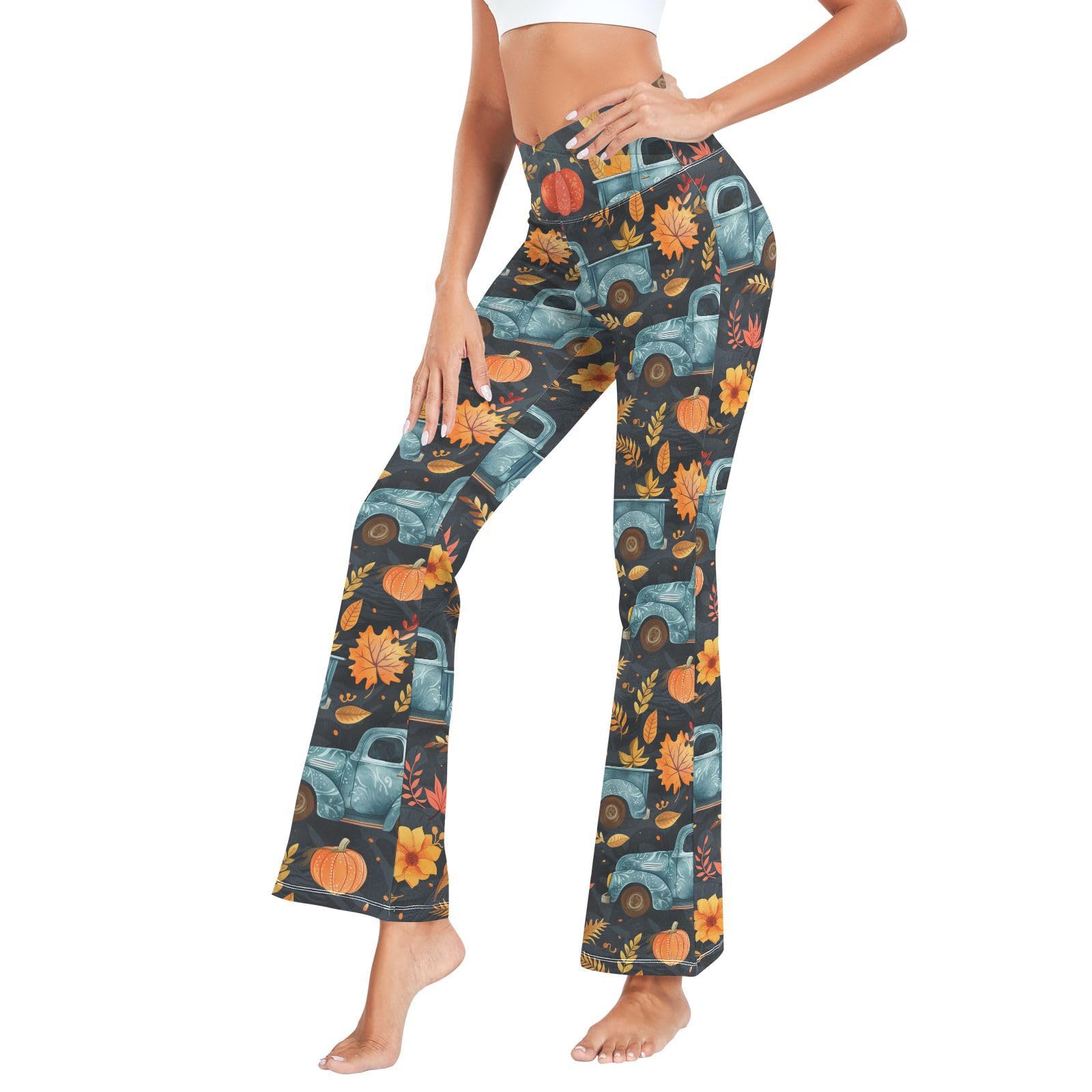 FustyleadVintage Blue Harvest Car and Pumpkin Leaves Women's Bootcut Yoga Pants Cross High Waist Bell Flared Bottoms S-XXL