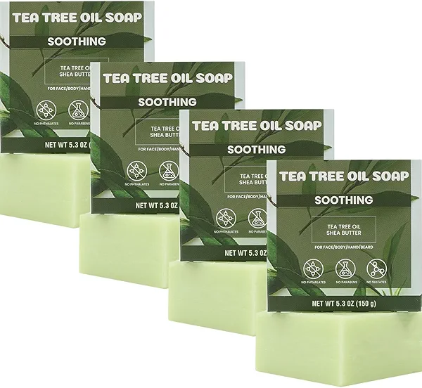 Rinse & Robust Mens Tea Tree Oil Soap Bar Set, 4Pcs Natural Handmade Tea Tree Soap with Shea Butter, Moisturizing & Exfoliating Bar Soap for Face Body Hands | 5.3 oz of 4 Bars