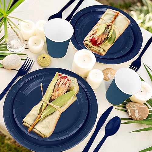 Miniatura 5 de TWOWYHI El juego de 228 piezas de suministros de fiesta azul marino incluye platos de papel, vasos, servilletas de papel, cucharas de plástico,
