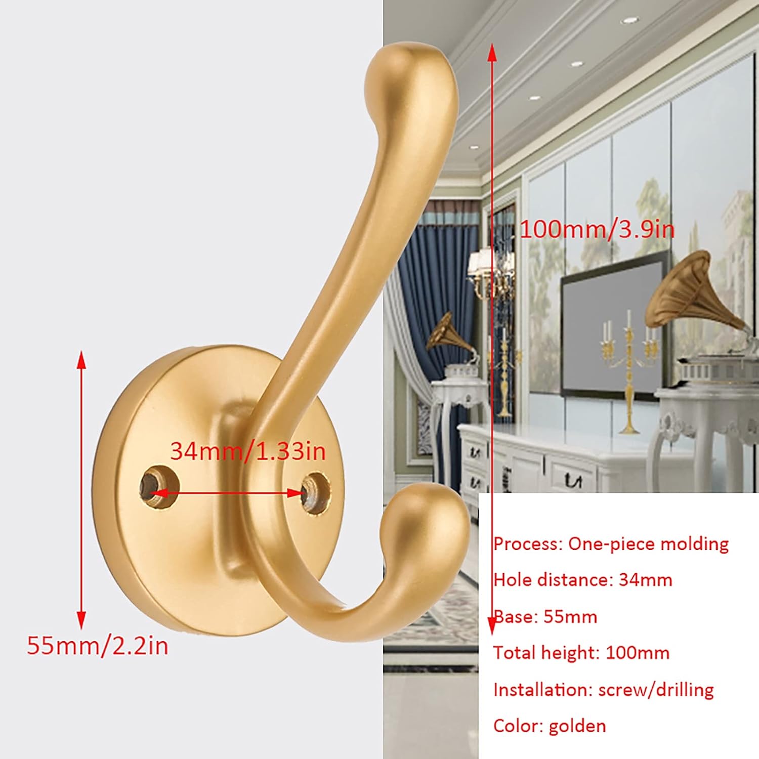 ZSH Coat Hook, European Style Double Hook Robe Hook, Wall-Mounted Clothes Hanger with Screws, for Bathroom and Bedroom Door Wall Hook, Gold (Size : 8PACK)