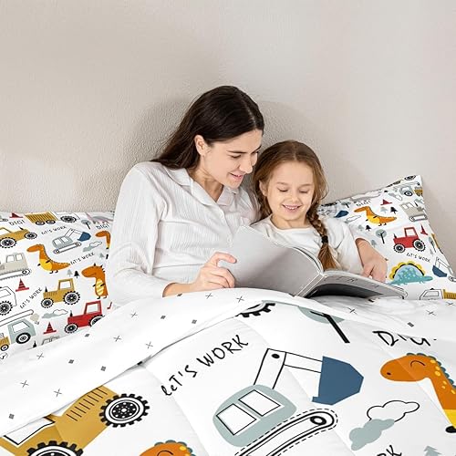 Miniatura 6 de Feelyou Juego de edredón de construcción para niños, juego de funda de edredón de dinosaurio de dibujos animados para niños, equipo de camiones,